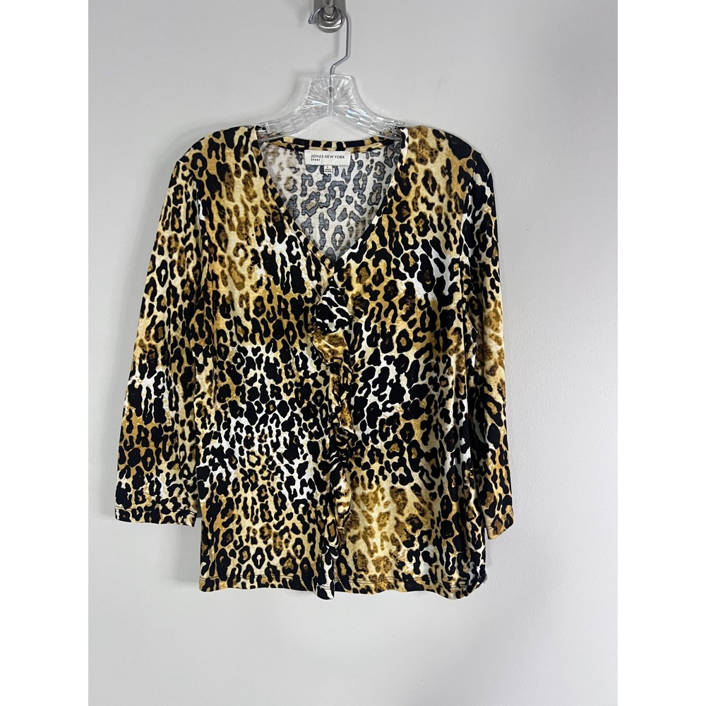 Jones New York Sport Women Leopard Print Ruffle V-Neck Knit Top Brown Black L